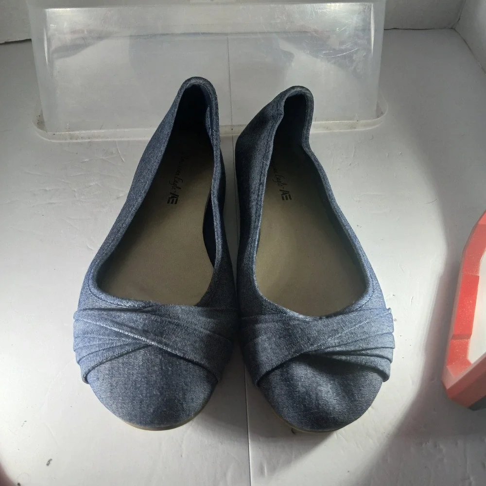 American Eagle‎ Denim Ballet Flats Size 10 Blue Pleated Round Toe Casual Classic